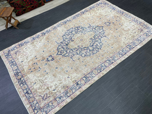 Persian RUG Vintage TURKISH 5 x 8.7 Rug Blue Vintage Rug Wool Oushak Rug Handmade Rug Hand Knotted Rug Natural Wool Rug