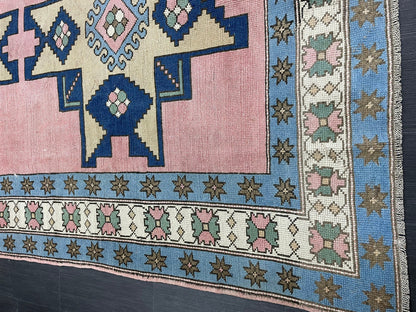Wool OUSHAK RUG TURKISH 6.6 x 10 Rug  Vintage Oriental Rug Vintage Handmade Rug Wool Vintage Pink and Blue Rug Hand Knotted Rug