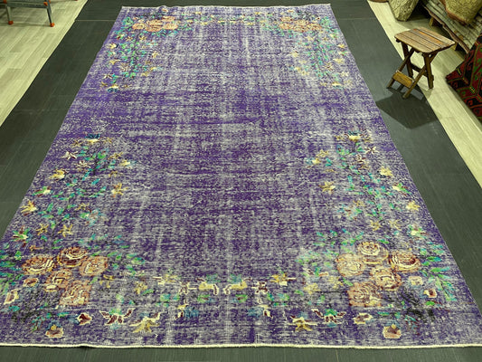 Vintage Rug 7 x 10.8 TURKISH Handmade Rug Violet Purple Vintage Hand Knotted Rug Distressed Persian Rug Oushak Rug, Wool Rug