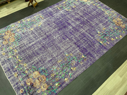 Vintage Rug 7 x 10.8 TURKISH Handmade Rug Violet Purple Vintage Hand Knotted Rug Distressed Persian Rug Oushak Rug, Wool Rug