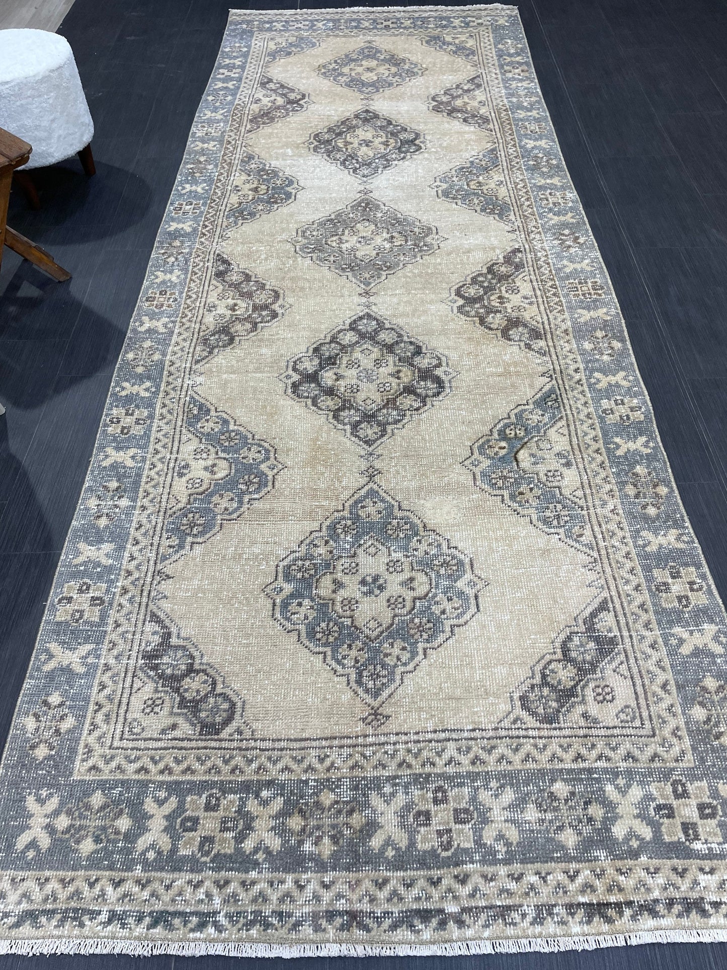 Hand Knotted Runner Rug Turkish Runner 3.8 x 10.8 Rug Vintage Gray Blue Runner Rug Hallway Runner Kitchen Runner Country modern Runner Rug