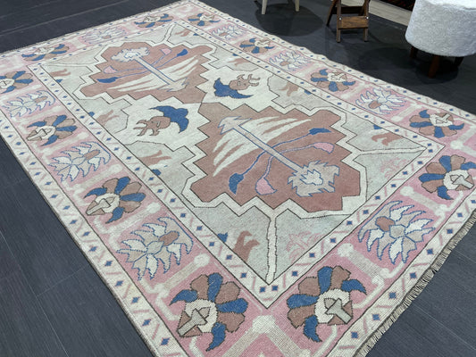 Vintage Rug 5.2 x 7.6 HANDMADE Rug Vintage Turkish Rugs Oushak Rug Pink Rug, Turkish Oushak Rug, Vintage Hand Knotted Rug, Wool Rug
