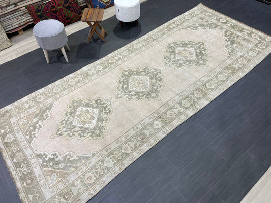 Muted Oushak Runner Rug Vintage Turkish 4.6 x 11.2 Runner Rug Vintage Runner Rug Hallway Runner Rug Kitchen Runner Rug Wool Runner Rug