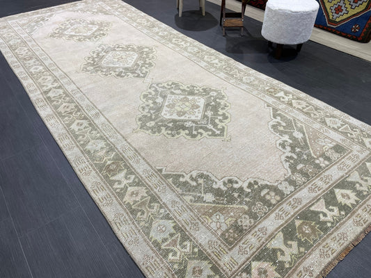 Muted Oushak Runner Rug Vintage Turkish 4.6 x 11.2 Runner Rug Vintage Runner Rug Hallway Runner Rug Kitchen Runner Rug Wool Runner Rug