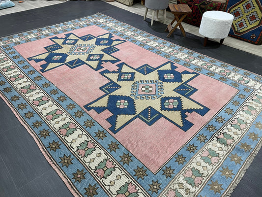 Wool OUSHAK RUG TURKISH 6.6 x 10 Rug  Vintage Oriental Rug Vintage Handmade Rug Wool Vintage Pink and Blue Rug Hand Knotted Rug