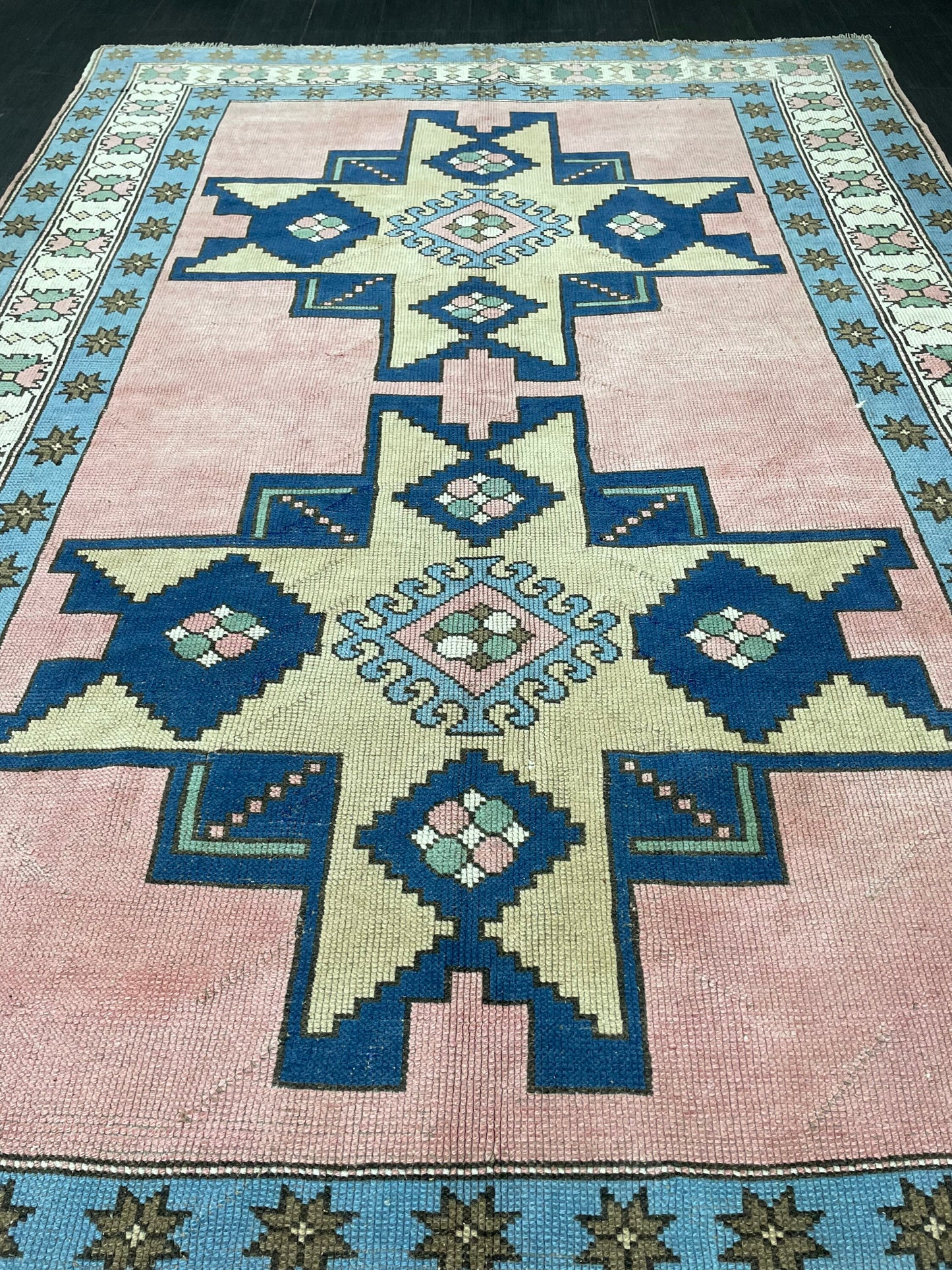 Wool OUSHAK RUG TURKISH 6.6 x 10 Rug  Vintage Oriental Rug Vintage Handmade Rug Wool Vintage Pink and Blue Rug Hand Knotted Rug