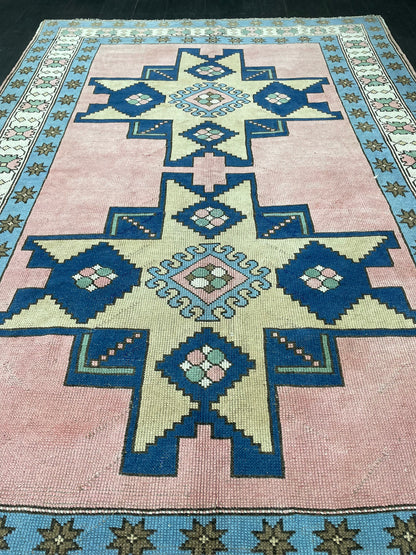 Wool OUSHAK RUG TURKISH 6.6 x 10 Rug  Vintage Oriental Rug Vintage Handmade Rug Wool Vintage Pink and Blue Rug Hand Knotted Rug