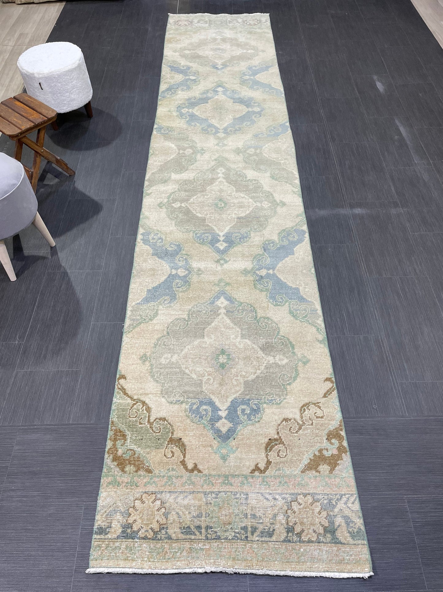 Muted Vintage Runner 2.6 x 12.6 Rug, Persian Runner Rug, Wool Oushak Runner Rug, Turkish Runner Rug, Kitchen Runner Rug, Hallway Runner rug