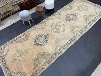 Muted Vintage Runner Rug Vintage Oushak Runner Rug 4.7 x 13 Hallway Runner Rug Turkish Kitchen Runner Rug Antique Wool Oriental Runner Rug