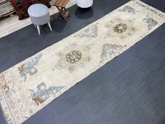 Muted Vintage Oushak Runner 3 x 11.4 Rug Turkish Runner Rug Vintage Runner Rug Hallway Runner Rug Kitchen Runner Rug Wool Runner Rug