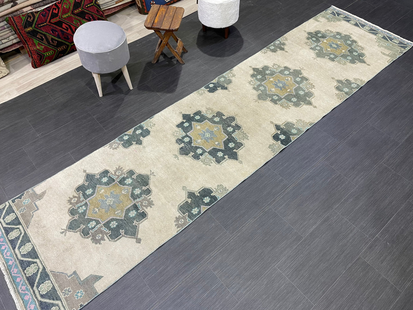 Muted Handmade Runner Rug Turkish Runner 2.7 x 11 Rug Vintage Runner Rug Hallway Runner Rug Kitchen Runner Rug Green Hand Knotted Runner