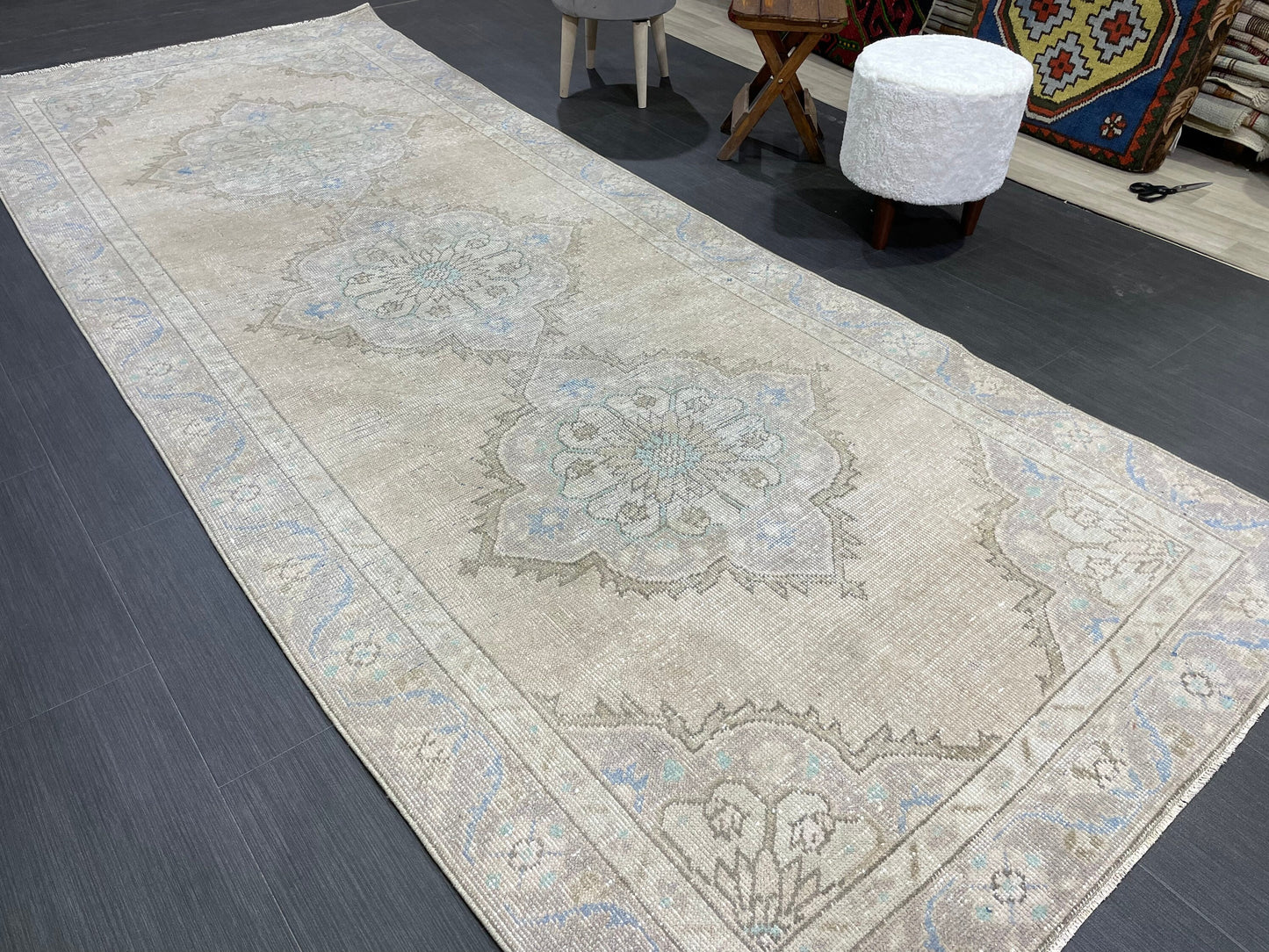 Muted Vintage Runner Rug Turkish Oushak 4.2 x 10.7 Runner Rug Handmade Runner Rug Hallway Runner Rug Kitchen Runner Rug Wool Runner Rug