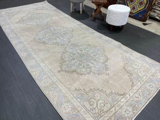 Muted Vintage Runner Rug Turkish Oushak 4.2 x 10.7 Runner Rug Handmade Runner Rug Hallway Runner Rug Kitchen Runner Rug Wool Runner Rug