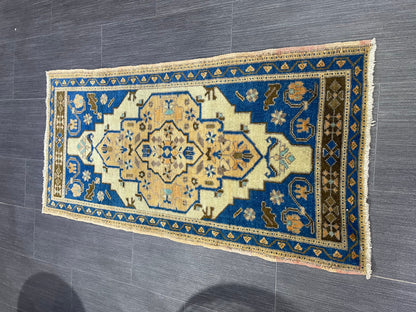 Hand Knotted Runner Rug, Vintage 1.8 x 3.7 Runner Rug,Handmade Short Runner Rug,Bathroom Runner Rug, Antique Runner Rug, Vanity Runner Rug,