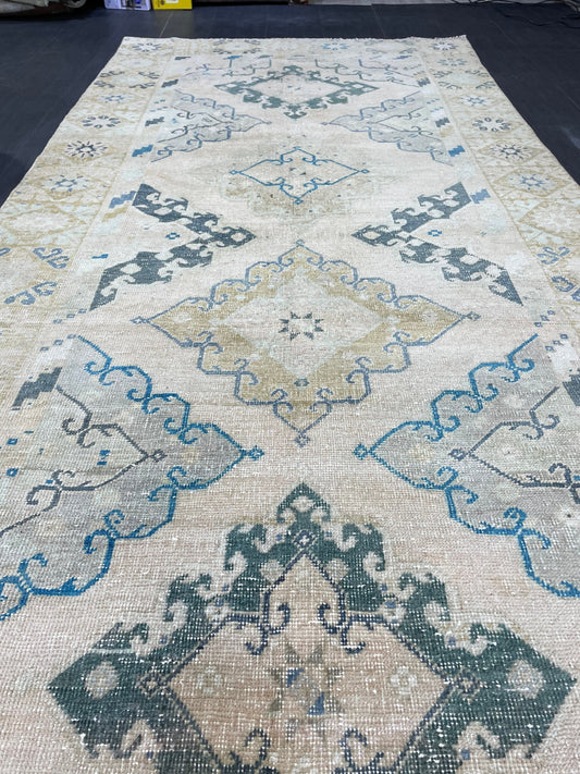 Vintage RUG, Antique Rug, 4.6 x 12.9 Distressed Muted Rug, Muted Wool Neutral Rug, Handmade Rug, Vintage Turkish Rug, Hand Knotted Rug,