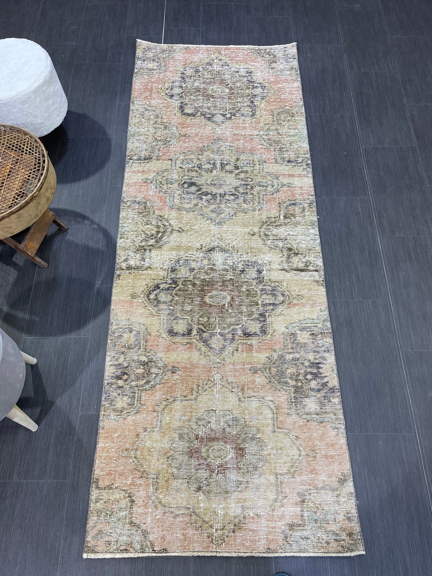 Distressed VINTAGE Rugs, Handmade Runner Rug, Oushak 2.7 x 7.6 Rug, Rustic Runner Rug, Antique Rug, Turkish Rug, Farmhouse Rug, Wool rug