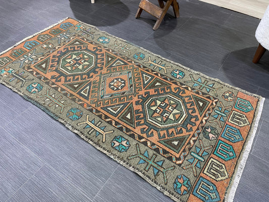 Hand Knotted Runner Rug, Vintage 2 x 4.4 Runner Rug,Handmade Short Runner Rug,Bathroom Runner Rug, Antique Runner Rug, Vanity Runner Rug