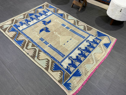 Muted Rugs, Handmade 3.3 x 5 Rug, Blue Oushak Rug, Rustic Rug, Hand Knotted Turkish Rug, Farmhouse Rug, Vintage Rug, Wool rug