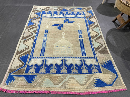 Muted Rugs, Handmade 3.3 x 5 Rug, Blue Oushak Rug, Rustic Rug, Hand Knotted Turkish Rug, Farmhouse Rug, Vintage Rug, Wool rug