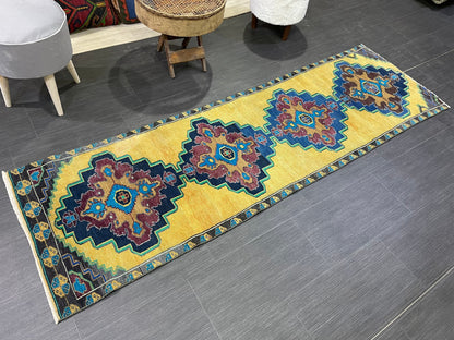 Wool Antique Runner Rug 2.2 x 7.2 Turkish Runner Rug Vintage Runner Rug Old Hallway Runner Rug Kitchen Runner Rug Yellow Wool Runner Rug