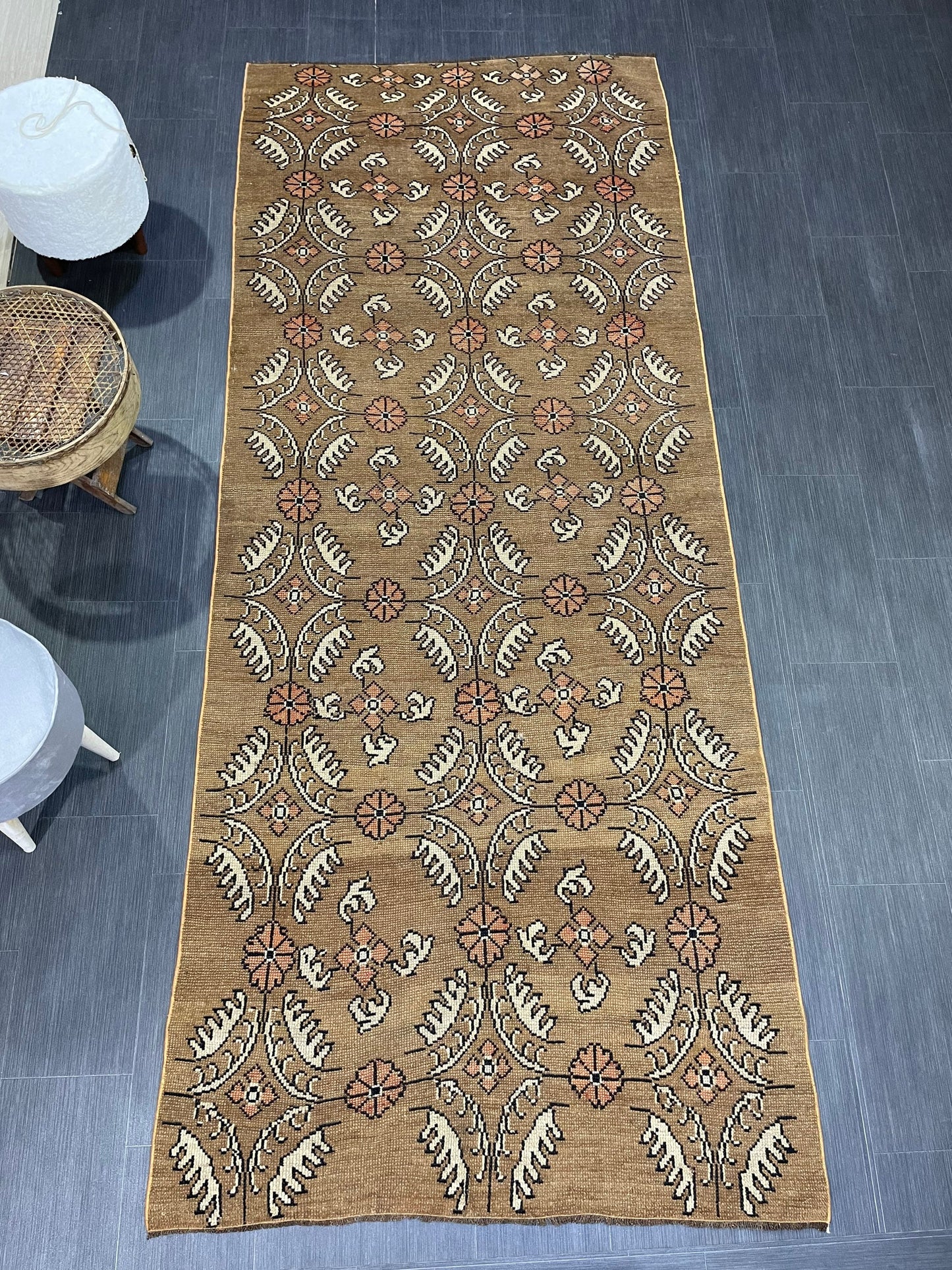 Vintage Floral RUG, Brown 4x10 Vintage Rug, TURKISH Rug, Muted Vintage Persian Rug, Vintage Wool Pink and Green Rug Muted Handmade Rug