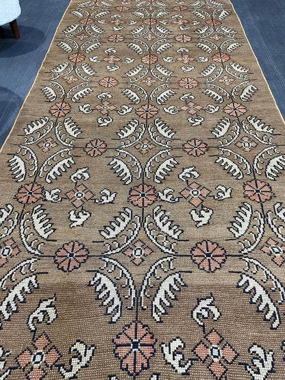 Vintage Floral RUG, Brown 4x10 Vintage Rug, TURKISH Rug, Muted Vintage Persian Rug, Vintage Wool Pink and Green Rug Muted Handmade Rug