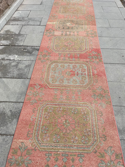 Wool Extra Long Turkish Runner Rug, Very Long Oushak Runner 2.7 x 18.9 ft Rug, Vintage Runner Rug, XL Handmade Runner Rug Staircase carpet
