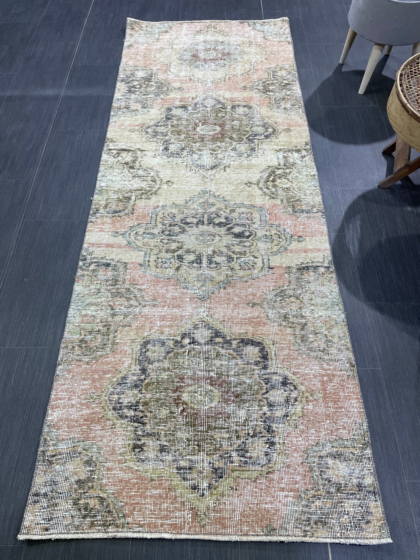 Distressed VINTAGE Rugs, Handmade Runner Rug, Oushak 2.7 x 7.6 Rug, Rustic Runner Rug, Antique Rug, Turkish Rug, Farmhouse Rug, Wool rug