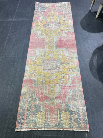 Distressed VINTAGE Rugs, Handmade 2 x 6.7 Runner Rug, Oushak Rug, Wool Rustic Runner Rug, Antique Runner Rug, Turkish Rug, Short Runner Rug,