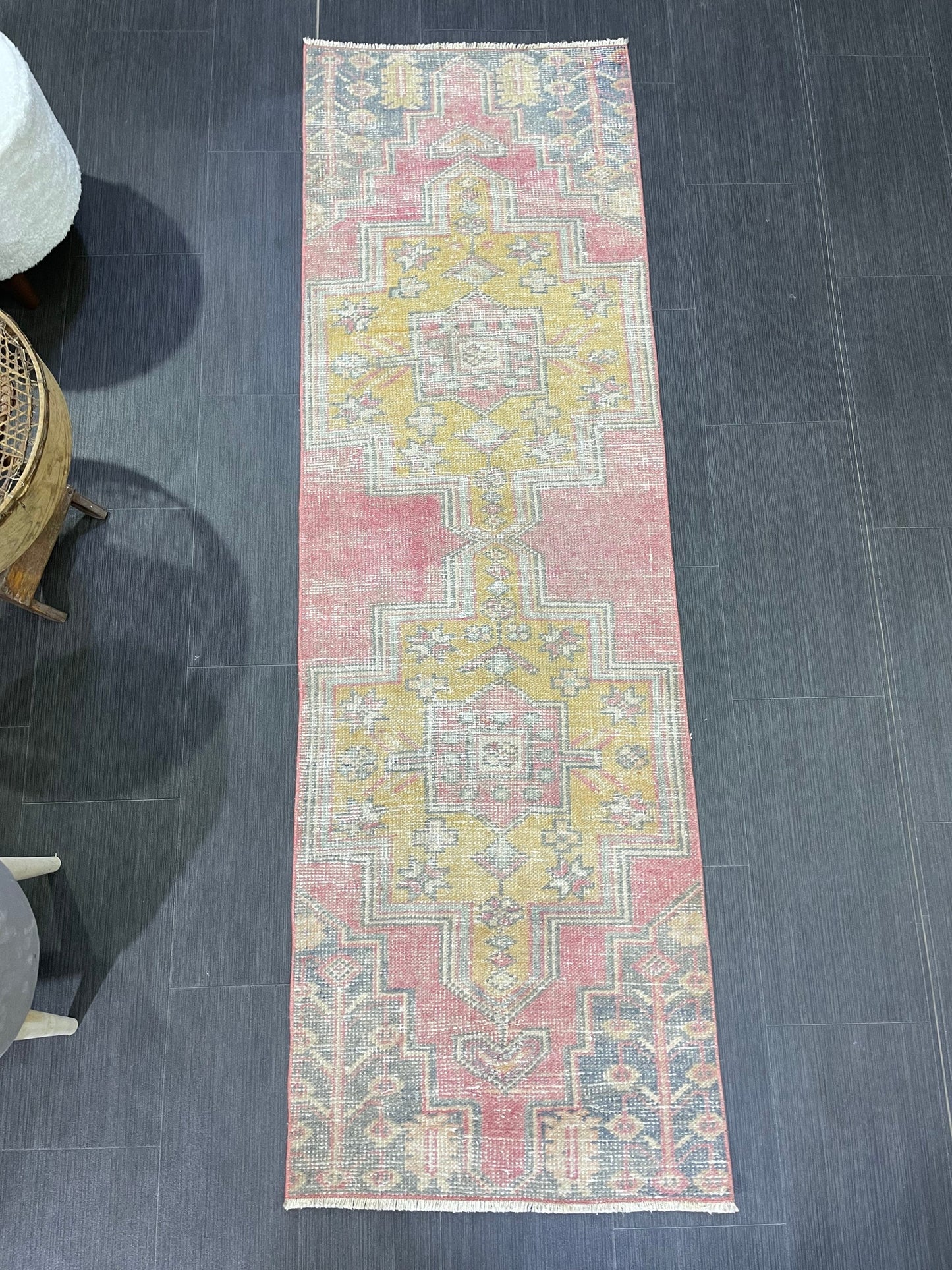 Distressed VINTAGE Rugs, Handmade 2 x 6.7 Runner Rug, Oushak Rug, Wool Rustic Runner Rug, Antique Runner Rug, Turkish Rug, Short Runner Rug,