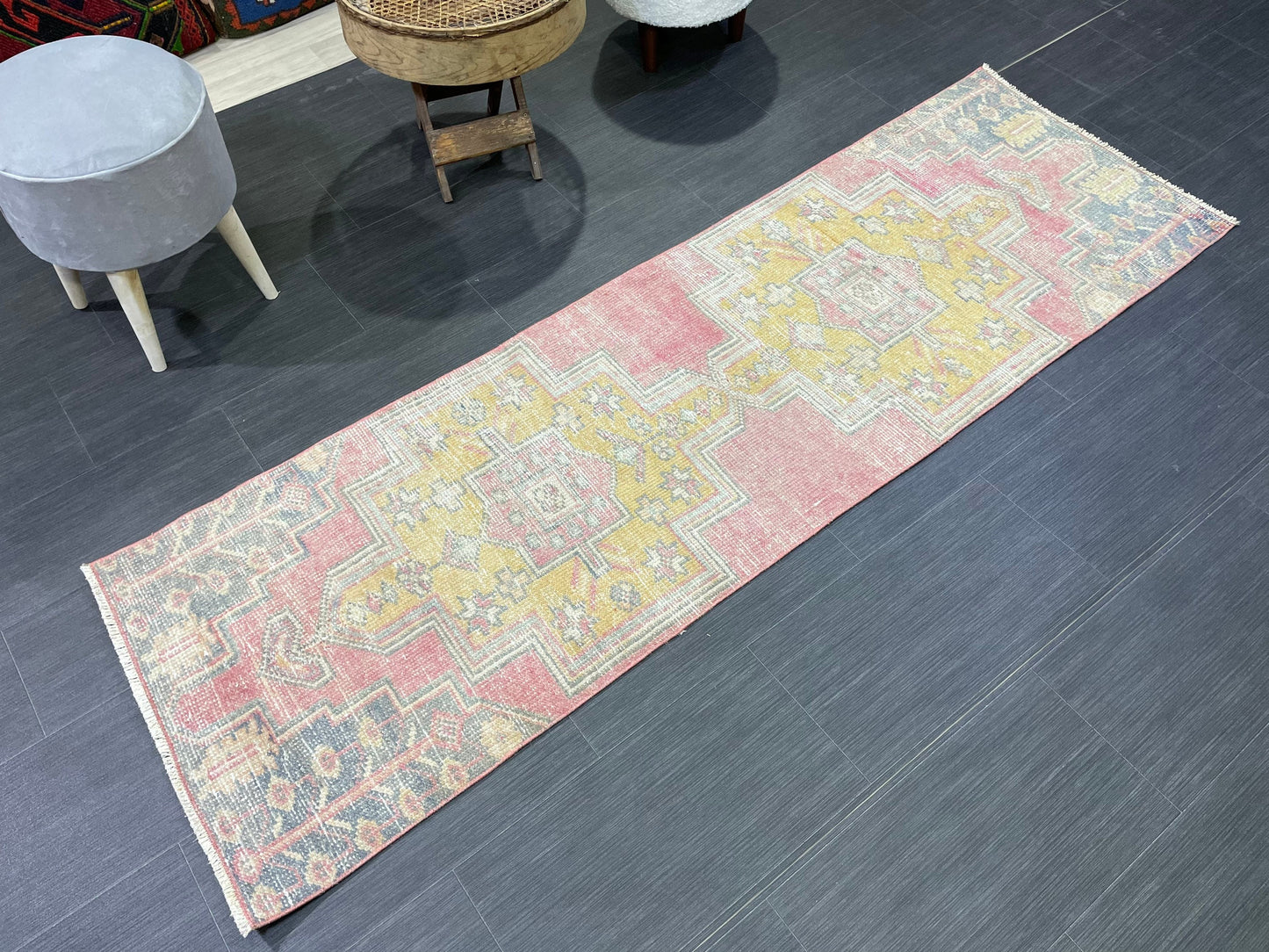 Distressed VINTAGE Rugs, Handmade 2 x 6.7 Runner Rug, Oushak Rug, Wool Rustic Runner Rug, Antique Runner Rug, Turkish Rug, Short Runner Rug,