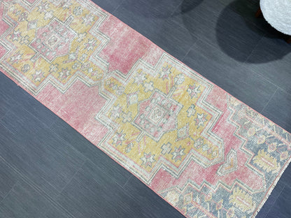 Distressed VINTAGE Rugs, Handmade 2 x 6.7 Runner Rug, Oushak Rug, Wool Rustic Runner Rug, Antique Runner Rug, Turkish Rug, Short Runner Rug,