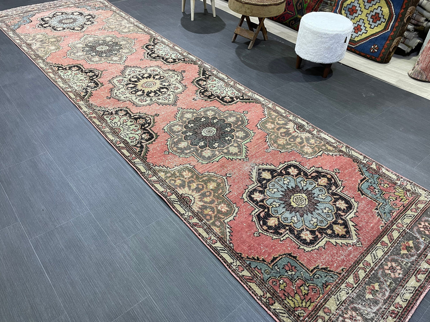 Hand Knotted Runner Rug, Vintage 3.4 x 12.7 Runner Rug, Oushak Runner Rug, Turkish Runner Rug Kitchen Runner Rug Wool Runner