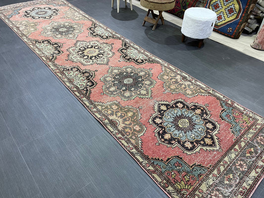 Hand Knotted Runner Rug, Vintage 3.4 x 12.7 Runner Rug, Oushak Runner Rug, Turkish Runner Rug Kitchen Runner Rug Wool Runner
