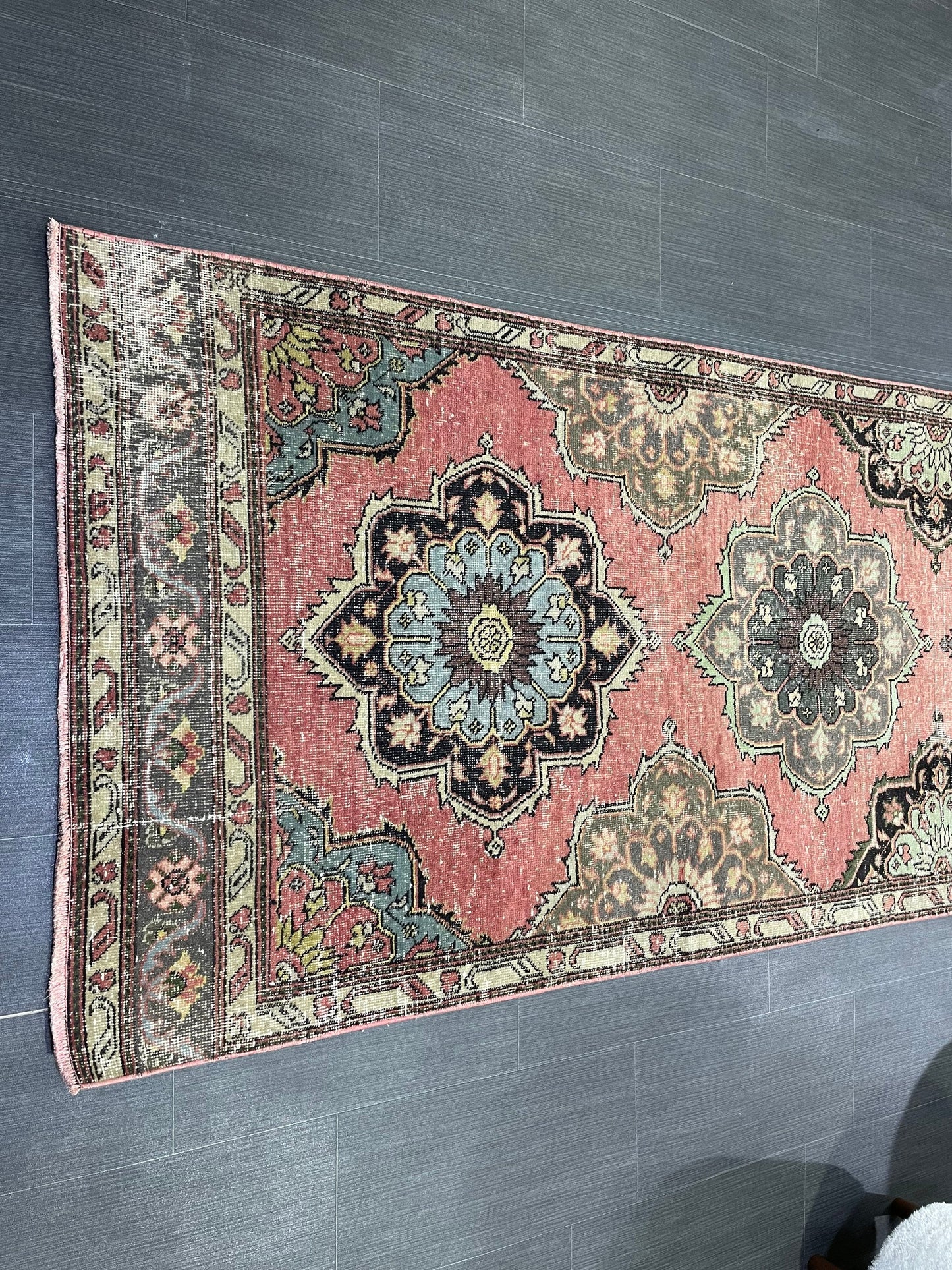 Hand Knotted Runner Rug, Vintage 3.4 x 12.7 Runner Rug, Oushak Runner Rug, Turkish Runner Rug Kitchen Runner Rug Wool Runner