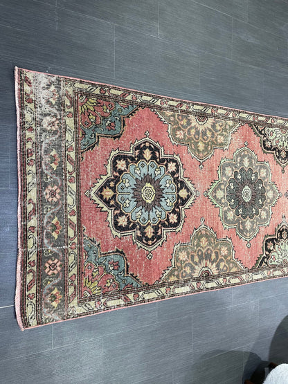 Hand Knotted Runner Rug, Vintage 3.4 x 12.7 Runner Rug, Oushak Runner Rug, Turkish Runner Rug Kitchen Runner Rug Wool Runner