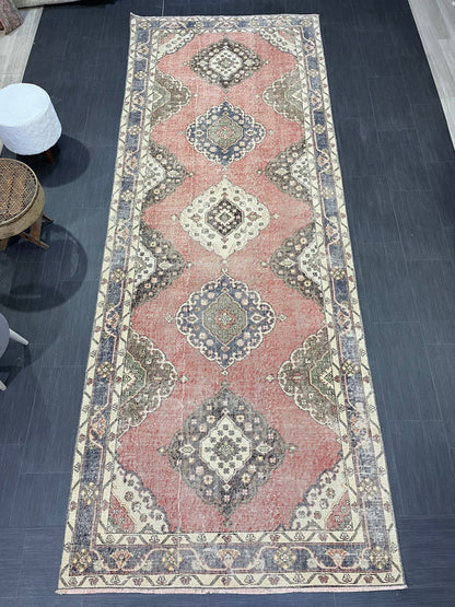 Wool Hand Knotted Runner Rug, Turkish 4.6 x 12.4 Runner Rug, Vintage Runner Rug, Hallway Runner Rug Kitchen Runner Rug, Oushak  Runner Rug