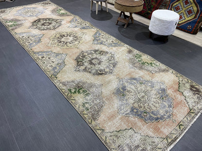 Muted Oushak Runner 3.8 x 11.7 Rug, Vintage Runner Rug, Hallway Runner Rug, Antique Runner Rug Wool Runner Rug Distressed Runner Rug