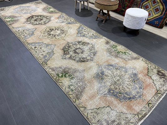 Muted Oushak Runner 3.8 x 11.7 Rug, Vintage Runner Rug, Hallway Runner Rug, Antique Runner Rug Wool Runner Rug Distressed Runner Rug