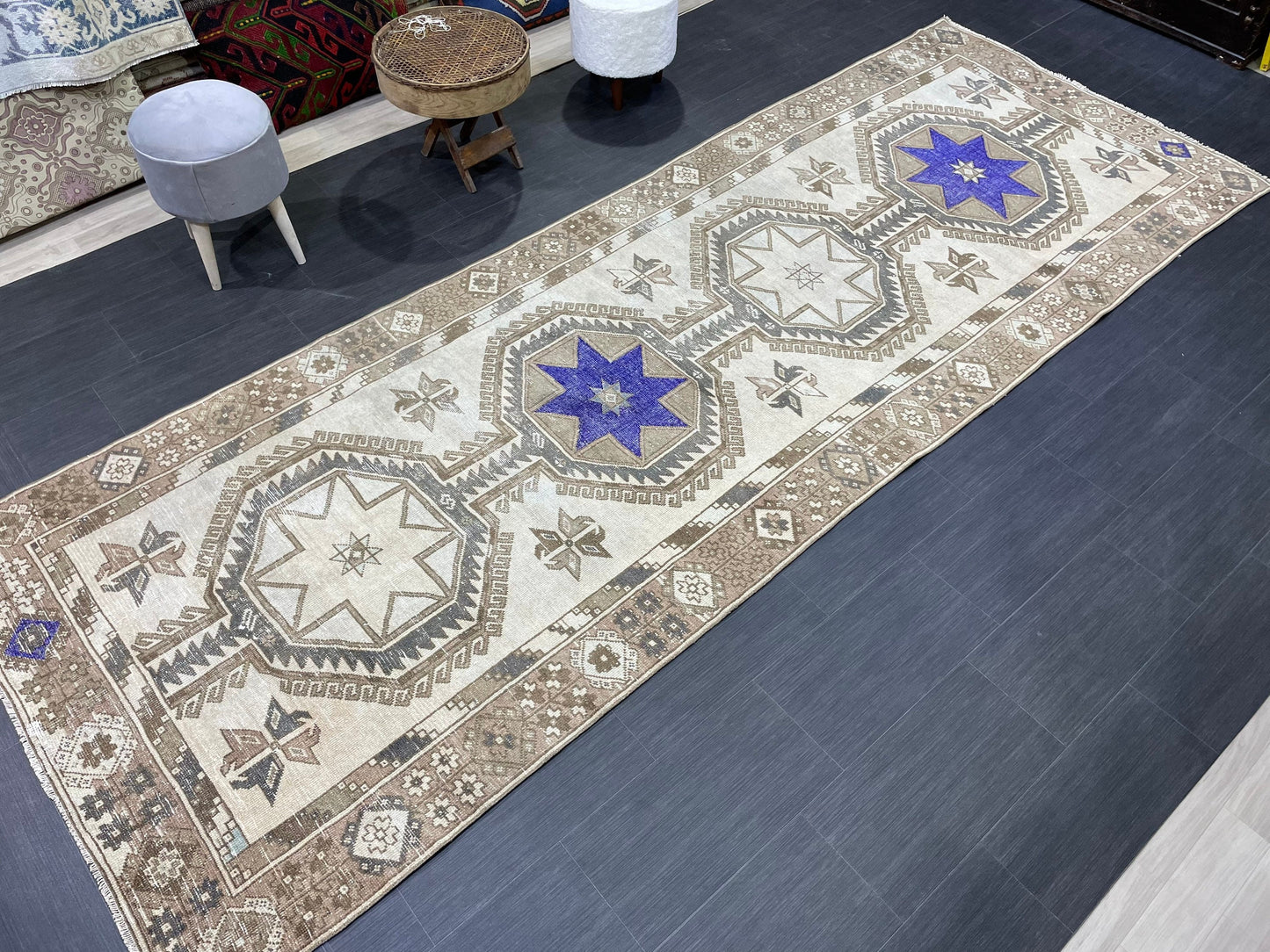 Muted Hand Knotted Runner 4.4 x 12 Rug, Vintage Runner Rug, Hallway Runner Rug, Antique Runner Rug Wool Runner Rug Handmade Runner Rug