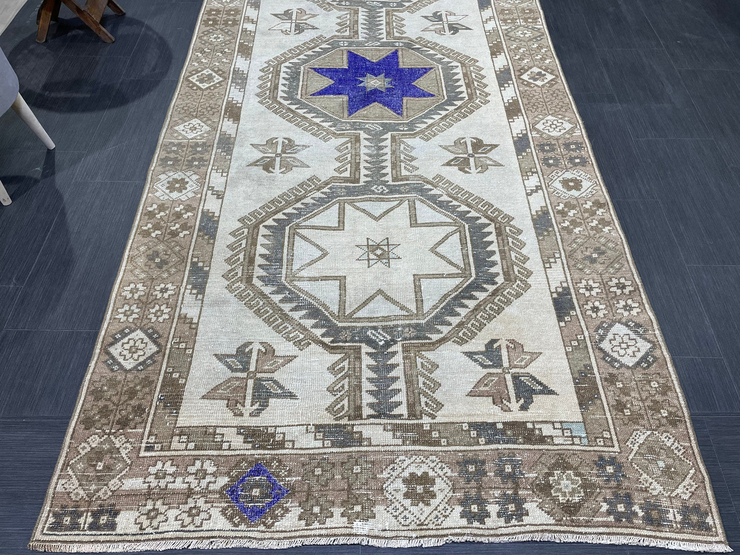 Muted Hand Knotted Runner 4.4 x 12 Rug, Vintage Runner Rug, Hallway Runner Rug, Antique Runner Rug Wool Runner Rug Handmade Runner Rug