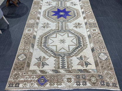 Muted Hand Knotted Runner 4.4 x 12 Rug, Vintage Runner Rug, Hallway Runner Rug, Antique Runner Rug Wool Runner Rug Handmade Runner Rug