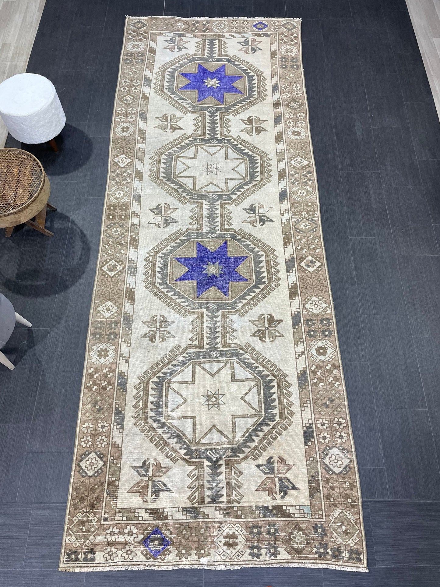 Muted Hand Knotted Runner 4.4 x 12 Rug, Vintage Runner Rug, Hallway Runner Rug, Antique Runner Rug Wool Runner Rug Handmade Runner Rug