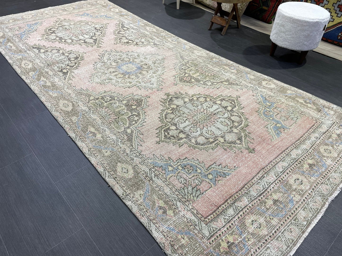 Muted Vintage Runner Rug, Hallway Runner 4.5 x 10 Rug, Kitchen Runner Rug, Muted Wool Runner Rug Muted Distressed Turkish Runner