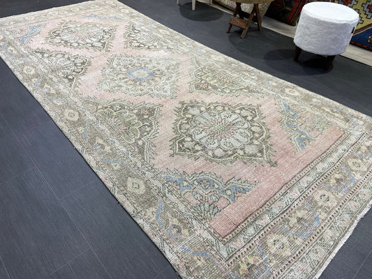 Muted Vintage Runner Rug, Hallway Runner 4.5 x 10 Rug, Kitchen Runner Rug, Muted Wool Runner Rug Muted Distressed Turkish Runner