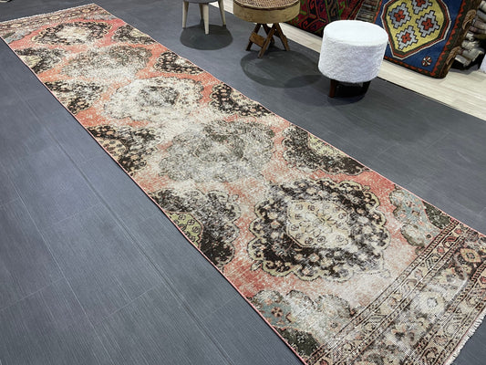 Turkish Distressed Runner Rug, Persian Runner 3 x 12 Rug, Vintage Runner Rug, Hallway Runner Rug,  Kitchen Runner Rug, Wool Runner Rug