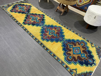 Wool Antique Runner Rug 2.2 x 7.2 Turkish Runner Rug Vintage Runner Rug Old Hallway Runner Rug Kitchen Runner Rug Yellow Wool Runner Rug