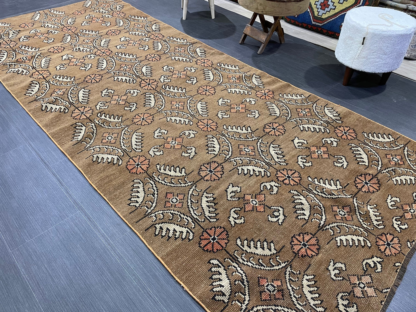 Vintage Floral RUG, Brown 4x10 Vintage Rug, TURKISH Rug, Muted Vintage Persian Rug, Vintage Wool Pink and Green Rug Muted Handmade Rug