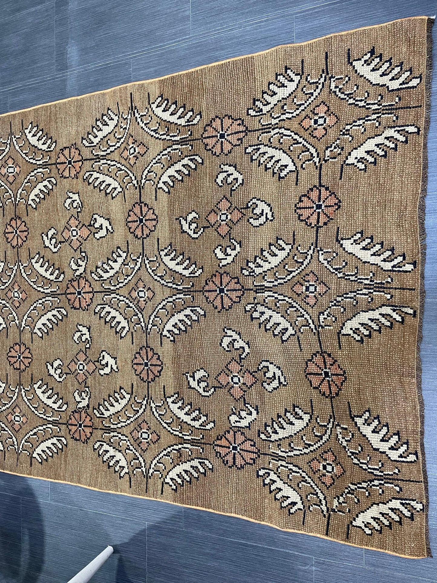 Vintage Floral RUG, Brown 4x10 Vintage Rug, TURKISH Rug, Muted Vintage Persian Rug, Vintage Wool Pink and Green Rug Muted Handmade Rug