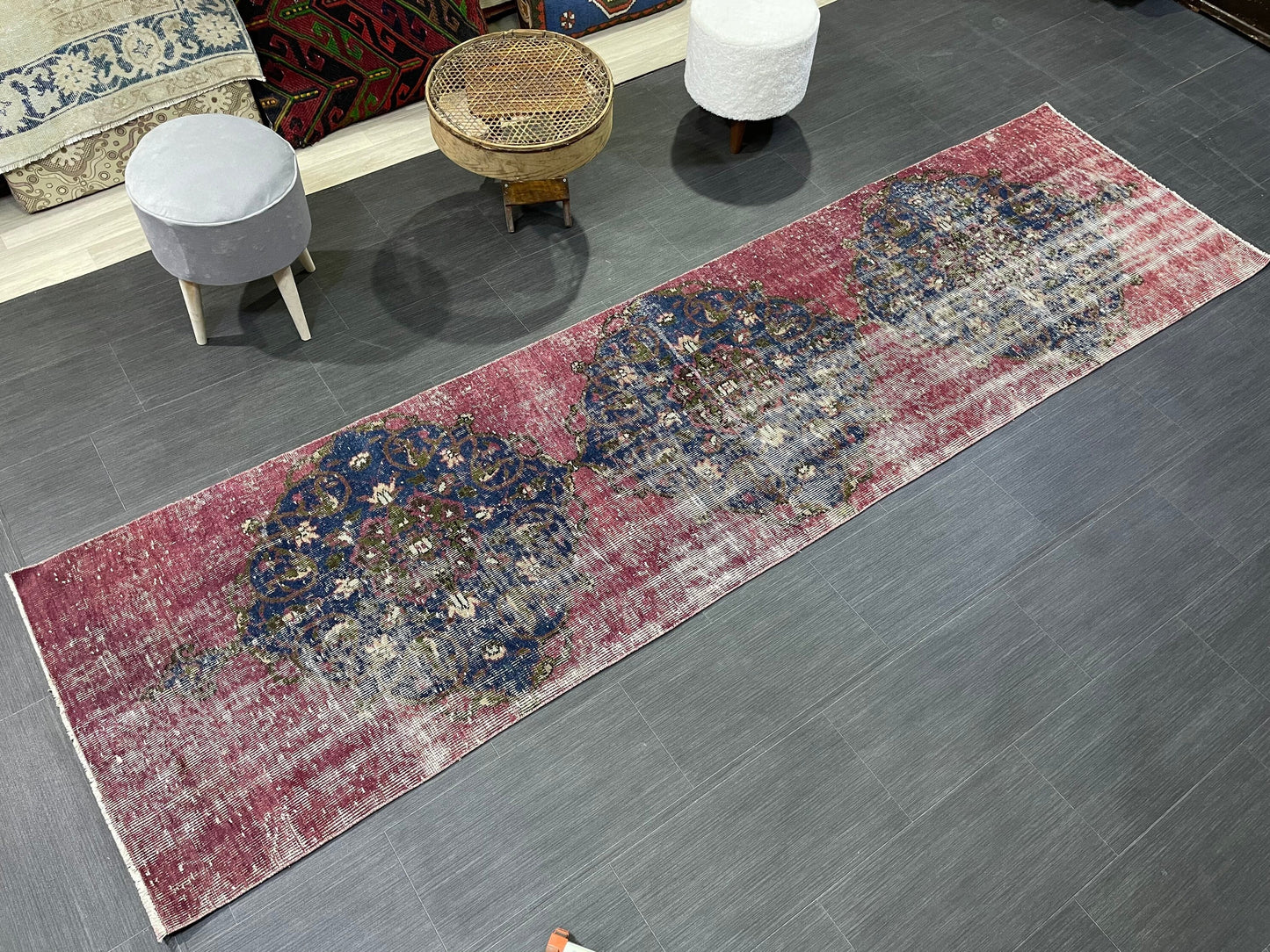 DISTRESSED Oushak Runner Rug, Turkish Runner 2.9 x 12.2 Rug, Vintage Runner Rug, Hallway Runner Rug, Kitchen Runner Rug, Wool Runner Rug